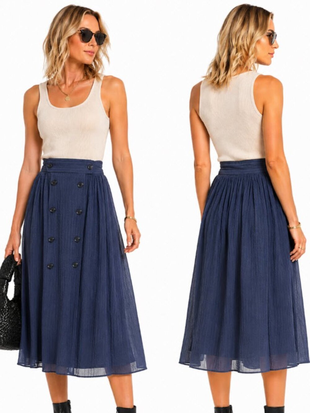 Looks Blue Pleated Buttoned Flowy Skirt Size Medium 9/10
